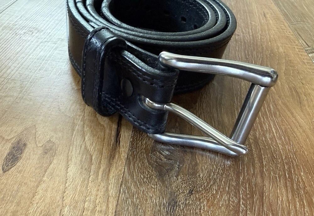 Amish Made Belt Leather Mens 38 Black Excellent Double Stitched USA Made, GUC